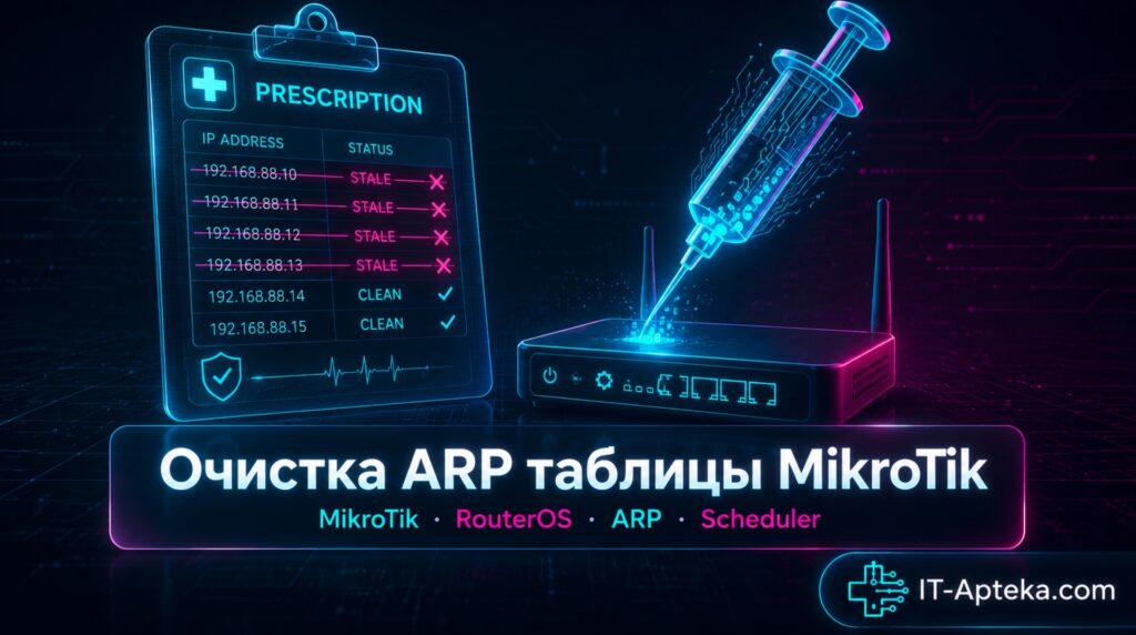 Очистка ARP таблицы MikroTik автоматически: рабочий скрипт, Scheduler, проверка DHCP-аренды, troubleshooting и FAQ.