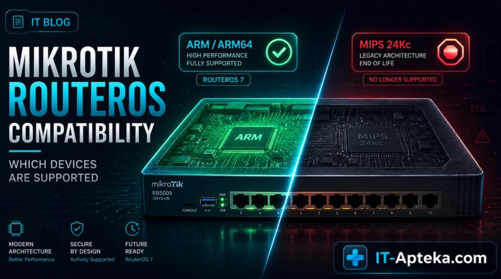 Полная техническая таблица совместимости MikroTik с RouterOS. Архитектуры процессоров MIPS 24Kc, ARMv7, ARM64, TILE. Рекомендации по прошивке для RB, hAP, CCR, CRS серий. Как выбрать версию ROS 6 или 7 для вашей модели. Гид от сетевого инженера