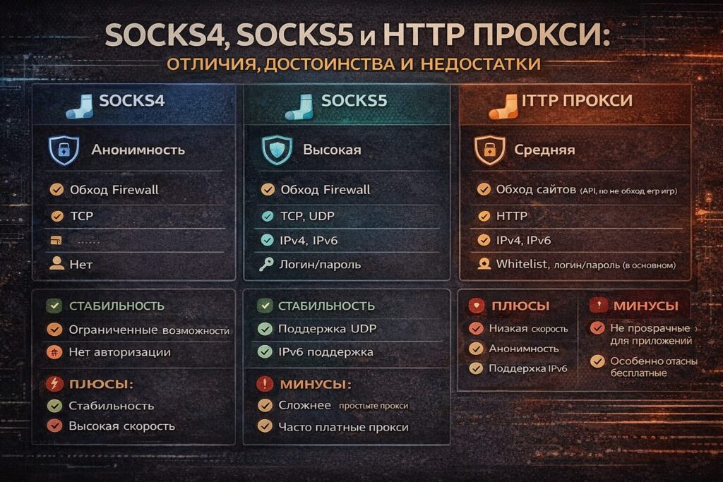 SOCKS4, SOCKS5 и HTTP прокси: отличия, достоинства и недостатки. Что такое прокси-сервер, какой прокси лучше для парсинга, торрентов, анонимности. Чем отличается SOCKS5 от HTTP, SOCKS4 vs SOCKS5. Типы прокси, проверка анонимности, настройка.