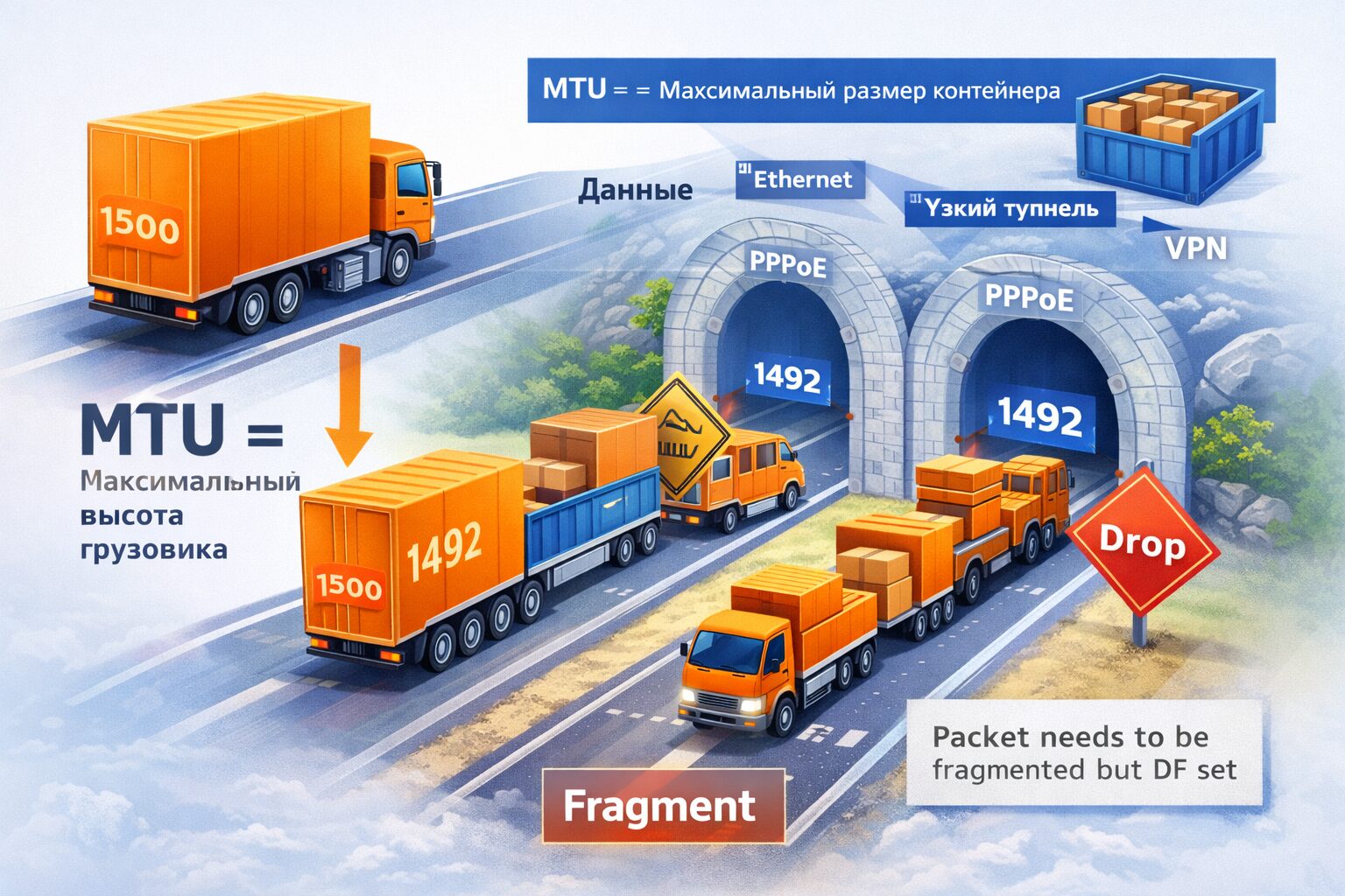 MTU — это максимальная высота грузовика, который может проехать по дороге
Данные — это товары, которые нужно доставить
Тоннели на пути — это различные типы сетевых соединений (Ethernet, PPPoE, VPN)