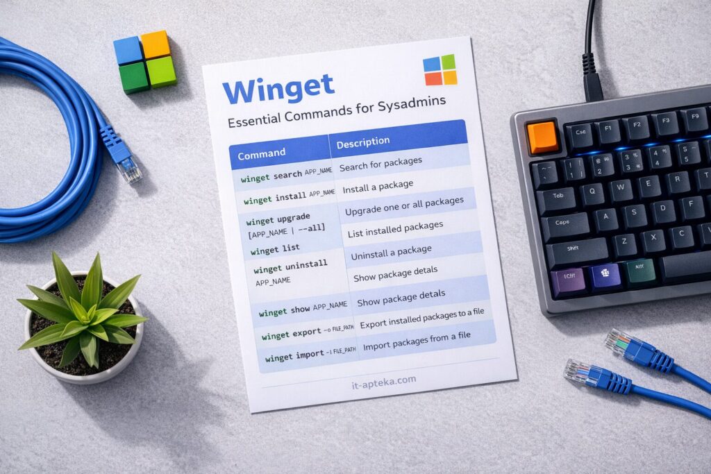 Winget шпаргалка: установка, команды и автоматизация пакетного менеджера Windows. Как установить winget на Windows 10/11, команды winget install, search, upgrade. Скрипты для автоматической установки программ, экспорт/импорт списков, интеграция с PowerShell. Практическое руководство для IT-инженеров и системных администраторов