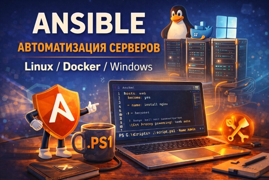 Ansible для системных администраторов: установка, inventory hosts, playbook, роли и модули. Автоматизация Linux, Docker и Windows серверов