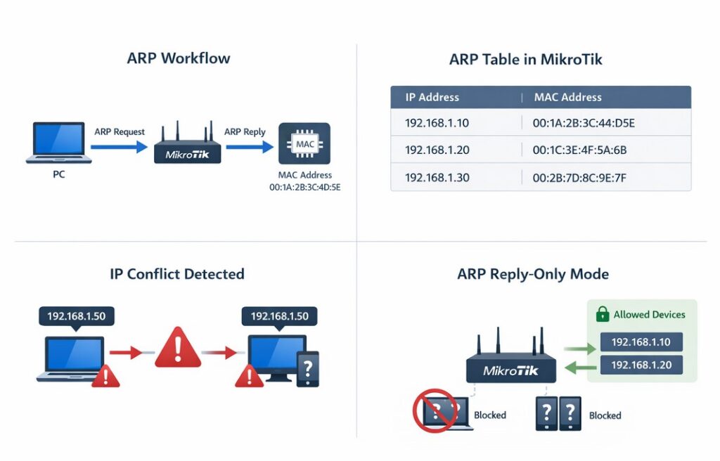 ARP в MikroTik: таблица ARP, reply-only, proxy-arp и решение конфликтов