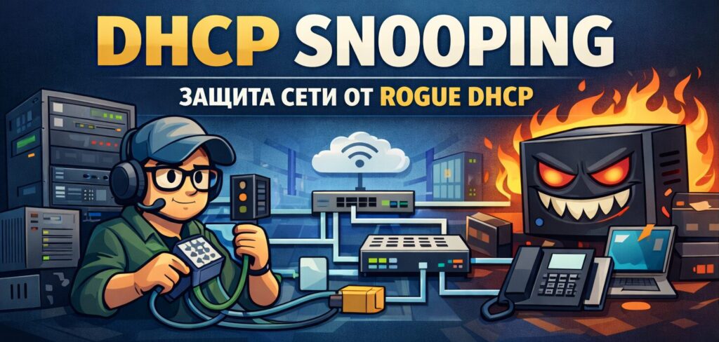 DHCP Snooping — механизм защиты сети от Rogue DHCP серверов. Разбираем как работает DHCP Snooping, что такое trusted ports и binding table, и как настроить на Cisco, D-Link, Huawei и Eltex.
