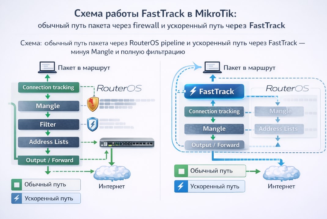 путь пакета через RouterOS pipeline и ускоренный путь через FastTrack — минуя Mangle и полную фильтрацию