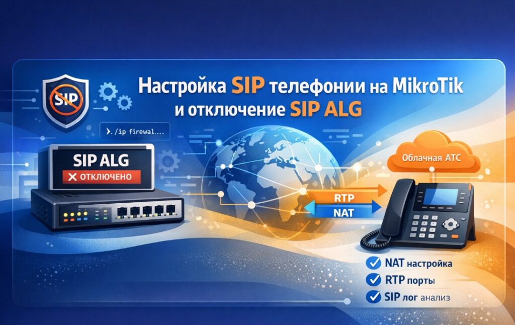полная конфигурация для связки MikroTik + Asterisk — DNAT для SIP и RTP, masquerade, таймауты, исключение из FastTrack