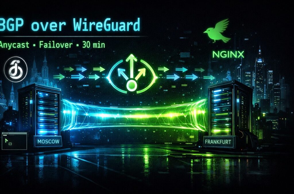 Настраиваем BGP over WireGuard и Anycast с нуля: готовые конфиги BIRD2, WireGuard, Nginx. Автоматический failover между датацентрами без Cloudflare и дорогих решений.