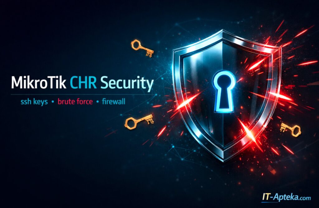 MikroTik CHR с нуля. Создаём отдельного администратора, переходим на SSH по ключам ed25519, включаем strong-crypto, защищаем от брутфорса через firewall, настраиваем NTP и логирование.