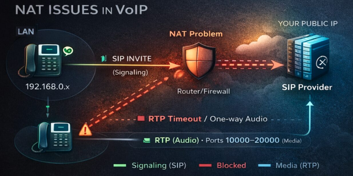 NAT ломает RTP-поток: SIP проходит, а аудио теряется или идёт в неправильный IP-адрес. asterisk nat проблема rtp нет звука voip схема nat firewall sip alg