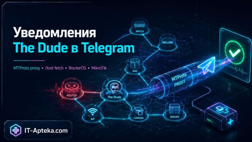 Настройка уведомлений The Dude в Telegram через /tool fetch. Обход блокировки api.telegram.org через MTProto proxy и SOCKS5 на VPS. Пошаговая инструкция с командами