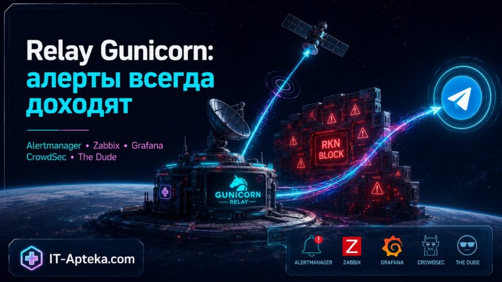 Настройка relay на Gunicorn для отправки алертов в Telegram. Подключение Alertmanager, Zabbix, Grafana, CrowdSec, The Dude. Решение проблемы с блокировками РКН. Защита через fail2ban.